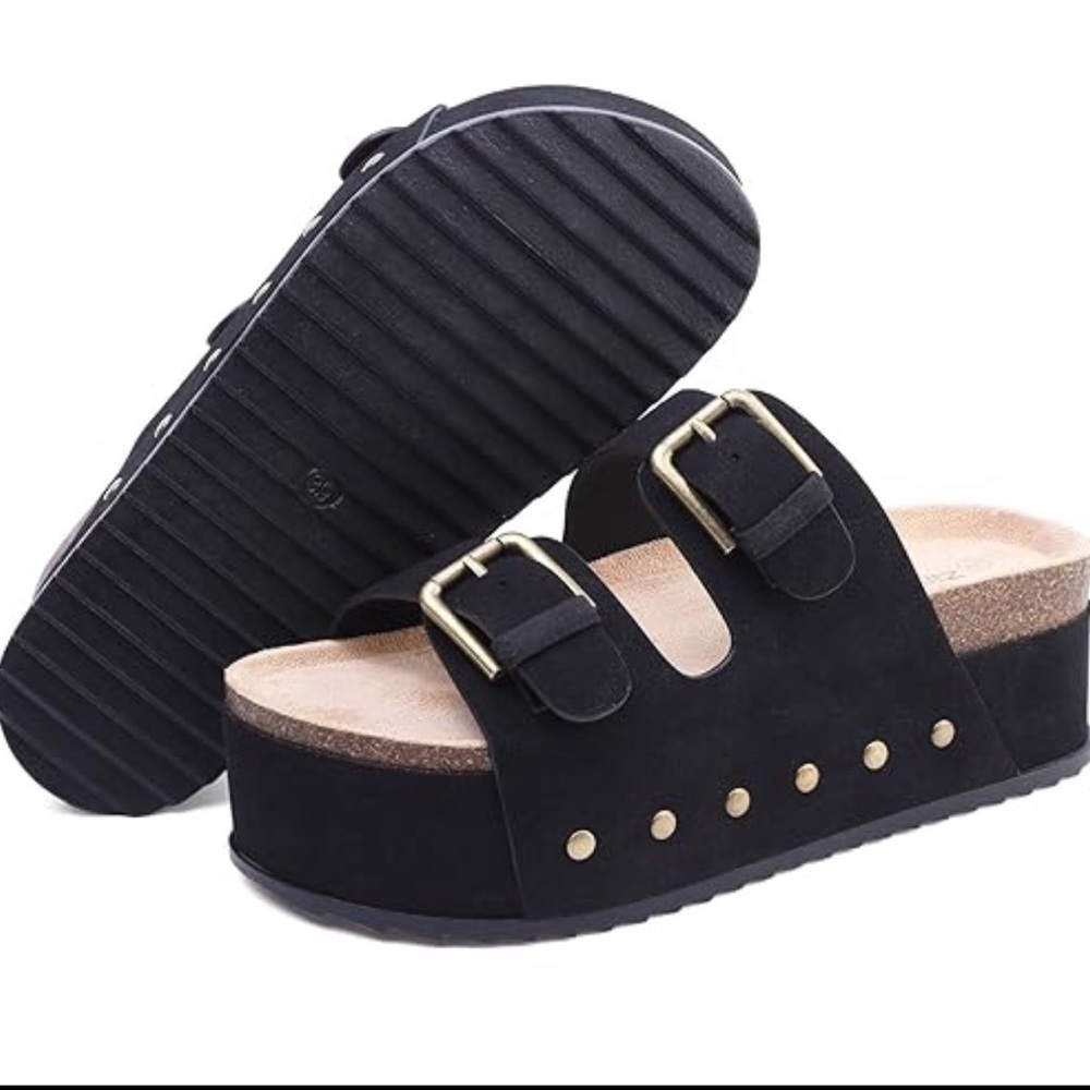 Women’s Black Platform Sandals Cork Footbed Slides Double Strap Buckle Comfort